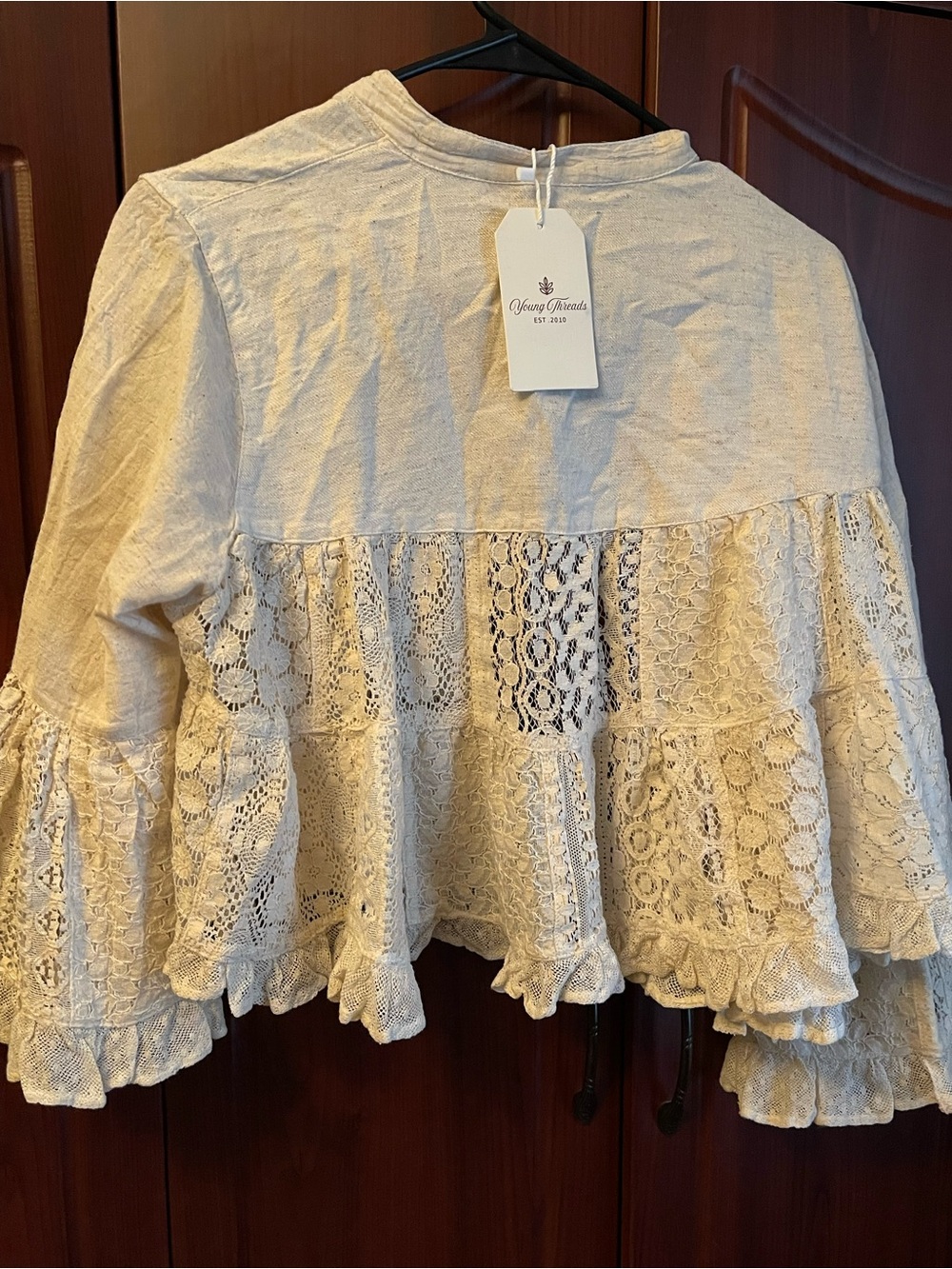 Cream Lace-Trim Open Front Boho Shrug Medium NWT - Picture 3 of 3